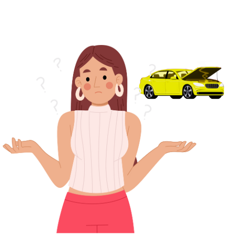 Exasperated person with broken down yellow vehicle behind them