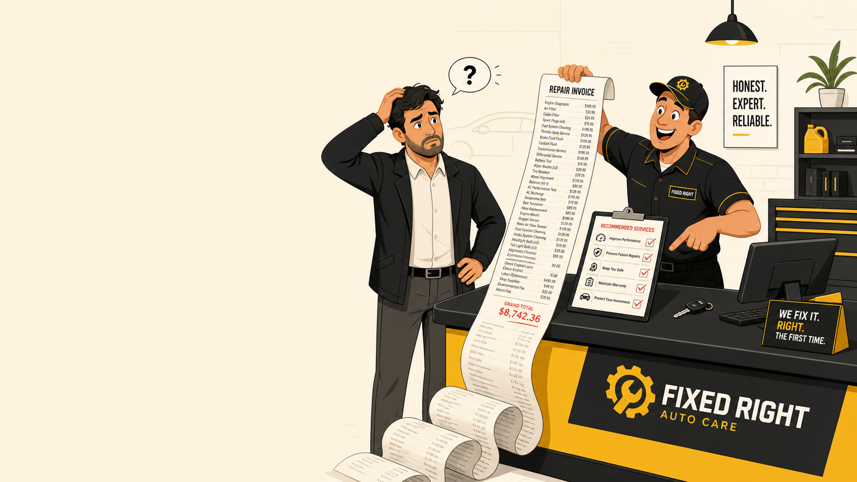 Illustration of a confused customer looking at a large mechanic invoice and checklist beside a car